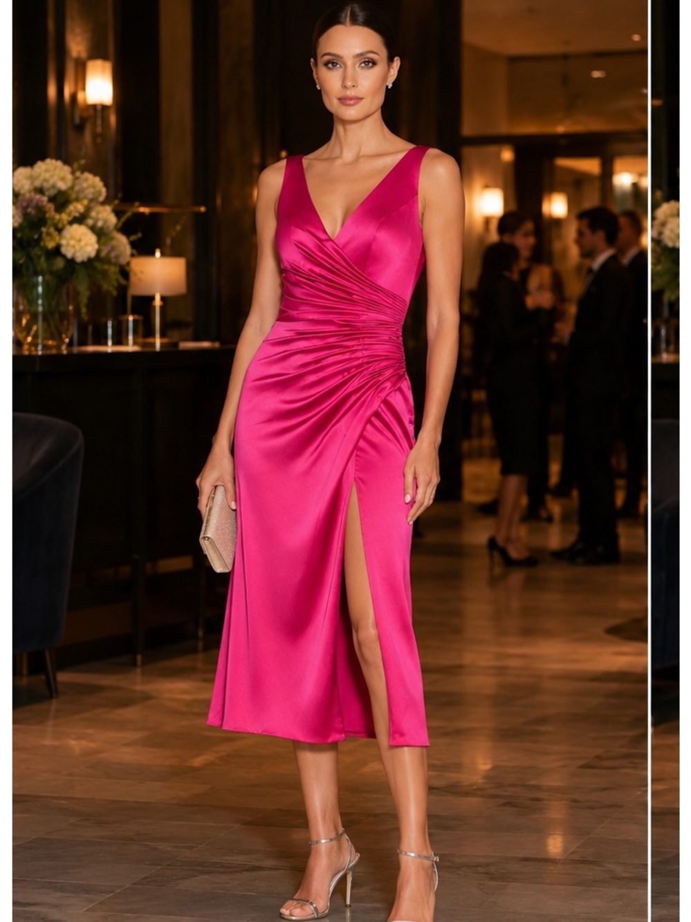 Mac Duggal Hot Pink Satin V-Neck Ruched Sheath Dress